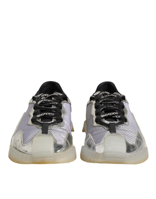 Pair of multicolored sneakers with silver logo, featuring low top design and black laces