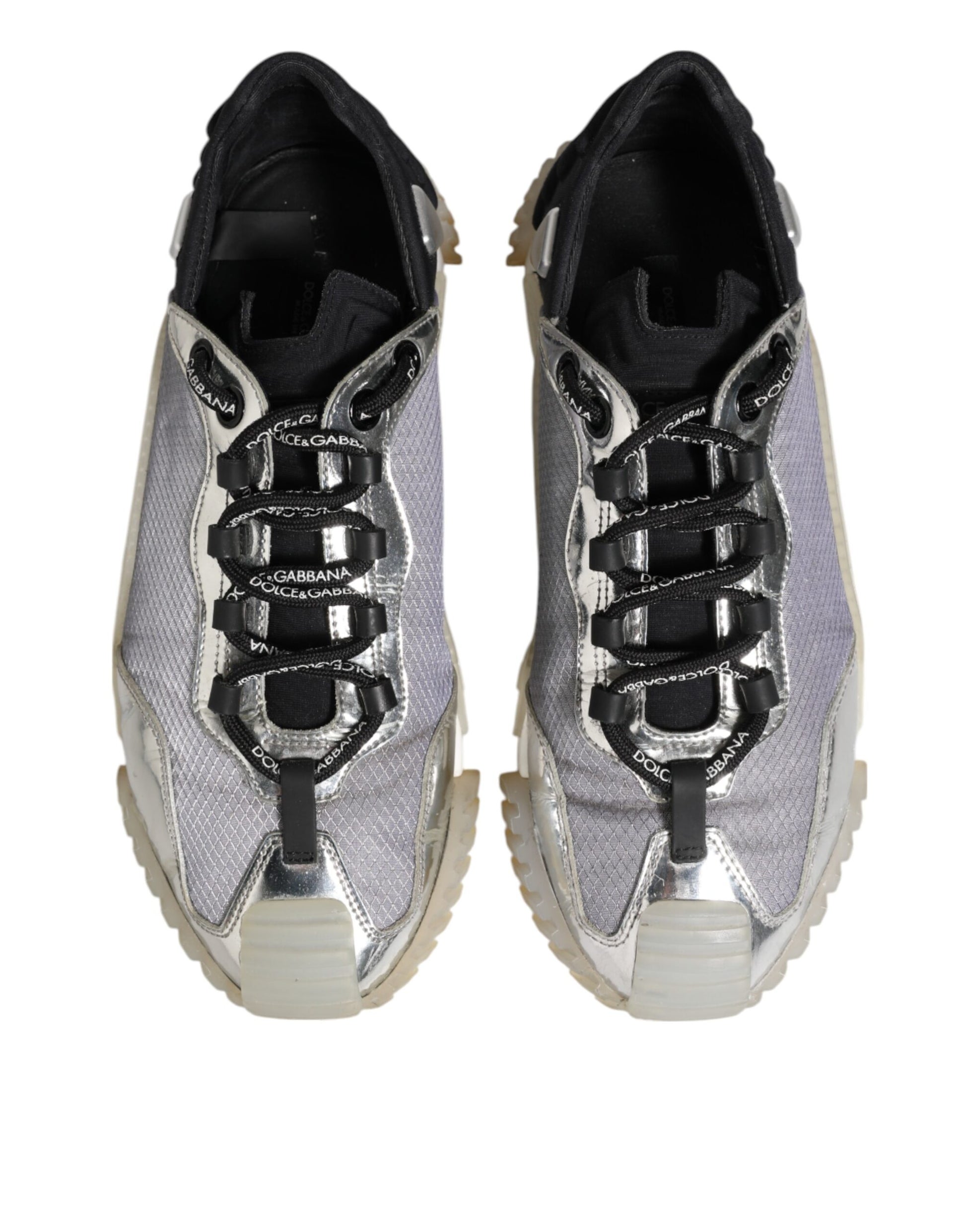 Pair of silver and black sneakers with multicolored logo detailing