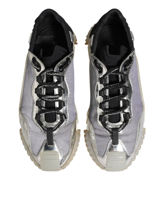 Pair of silver and black sneakers with multicolored logo detailing