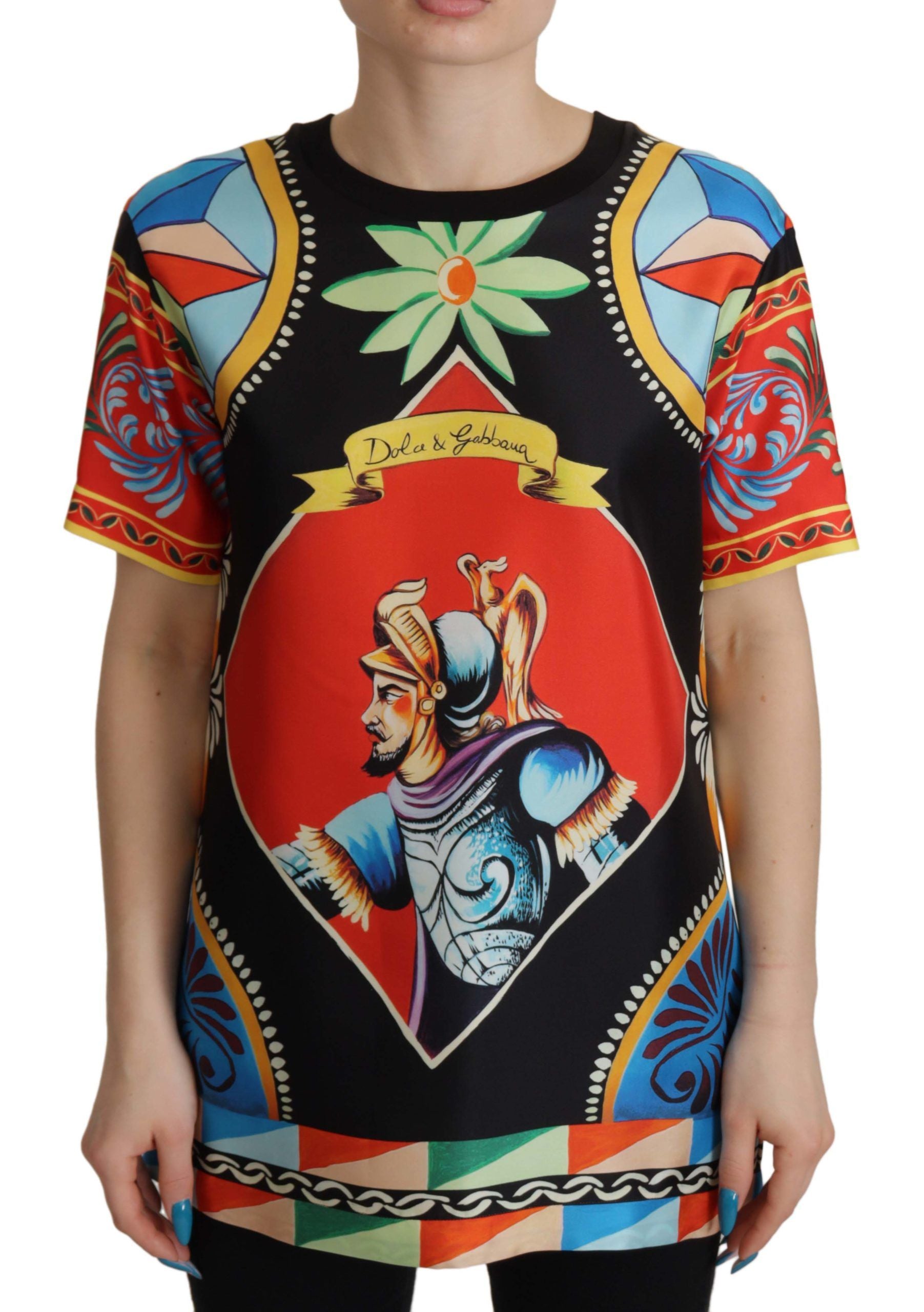 Colorful graphic t-shirt with a central design featuring a man's face