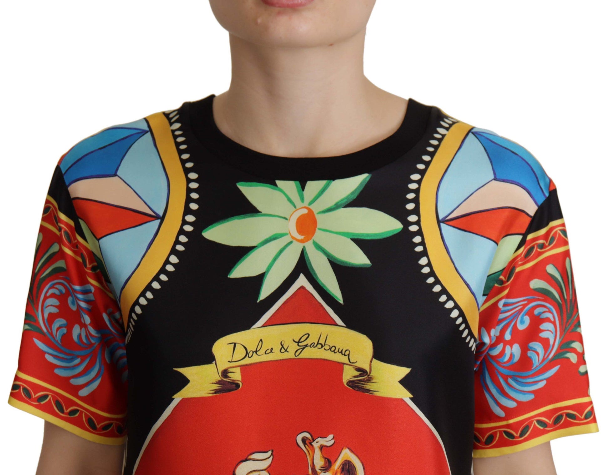 Colorful graphic t-shirt with floral design on front
