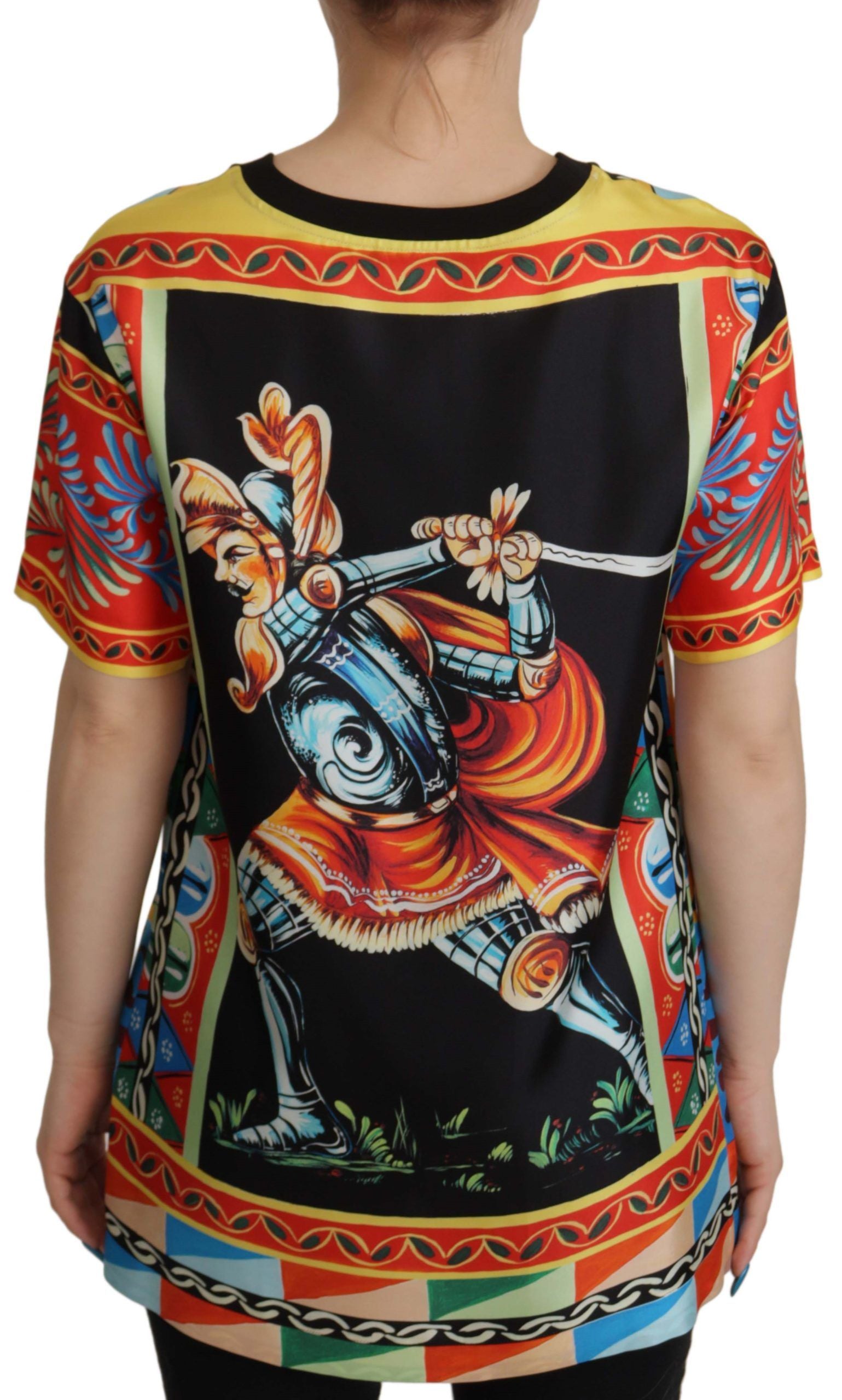 Colorful sleeveless top with a knight design on the back