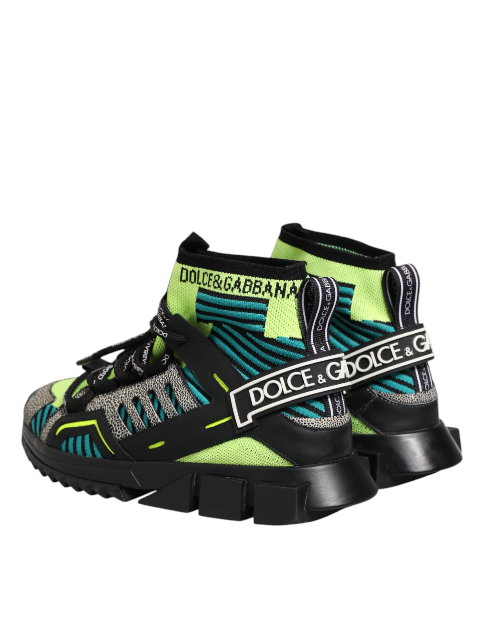 High top sneakers with a colorful design featuring multiple patterns and logos