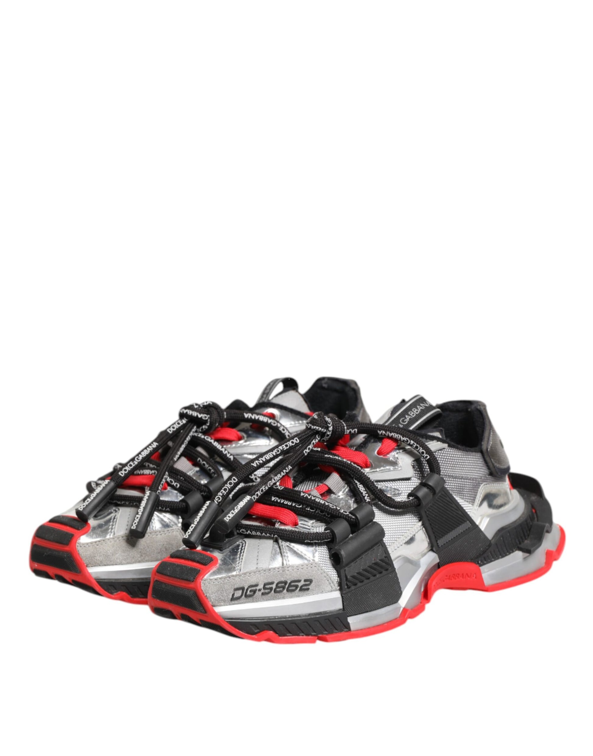 A pair of men's sneakers with red and black accents, featuring the brand name "Dolce & Gabbana" on the side