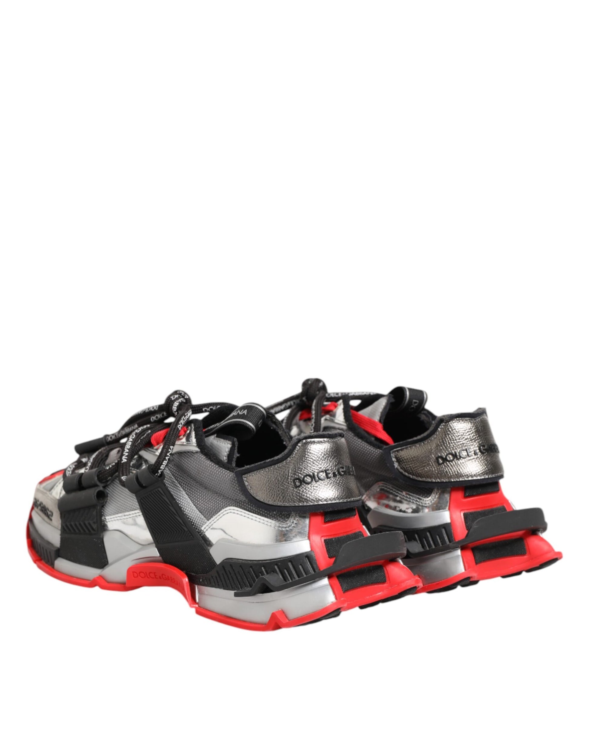 Red and black sneakers with silver accents, featuring a unique design on the side