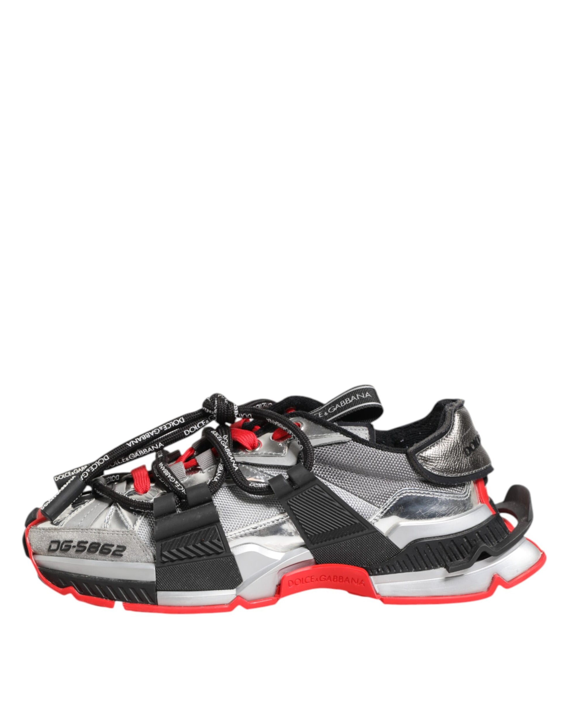 A pair of men's sneakers with a multicolored design, featuring red and black accents