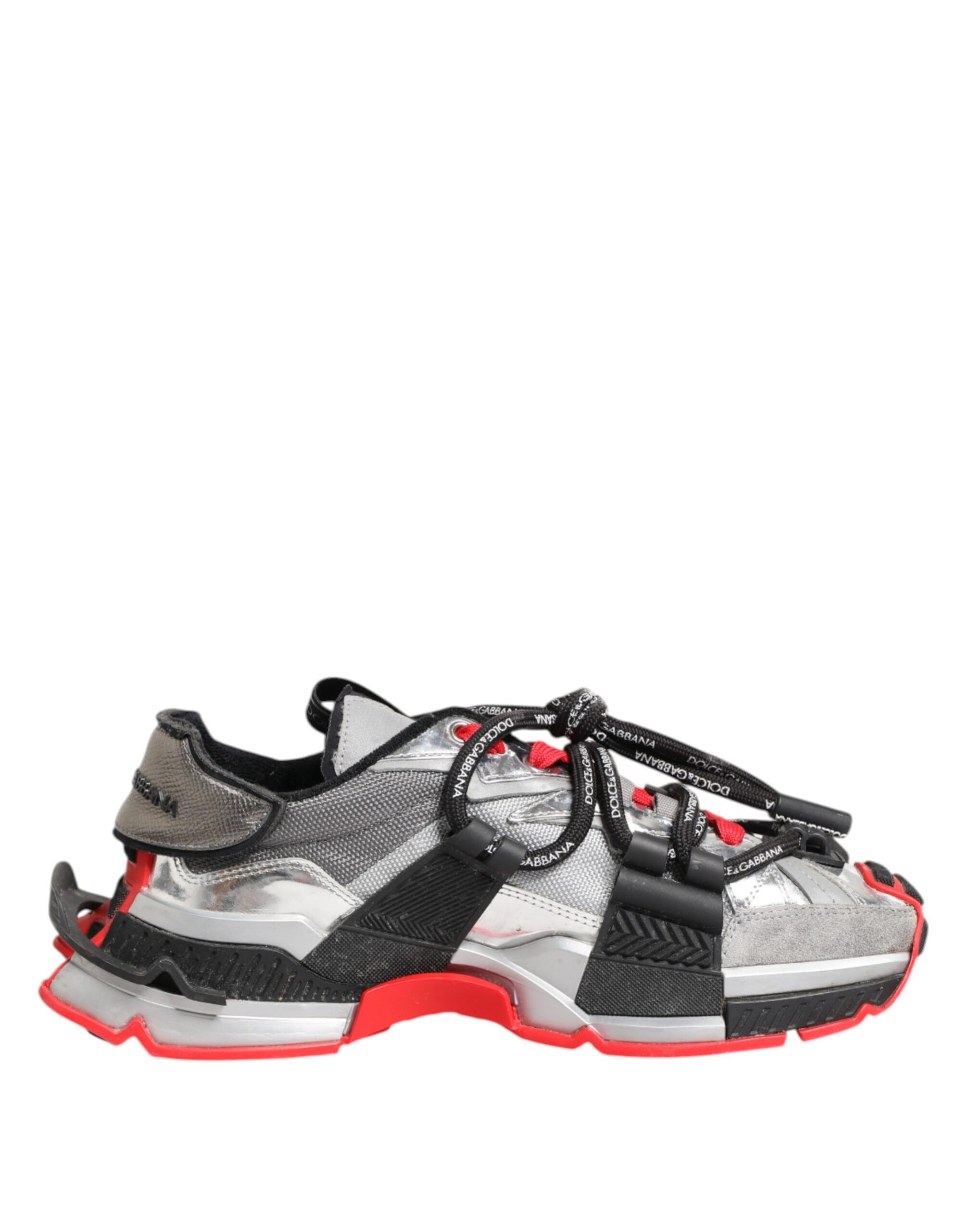 A pair of men's sneakers with red and silver accents, featuring a low top design
