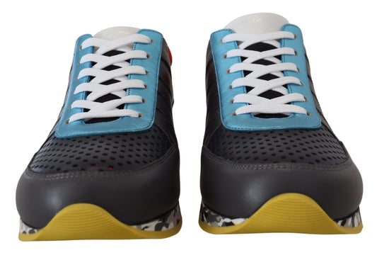 Pair of blue and yellow sneakers with white laces