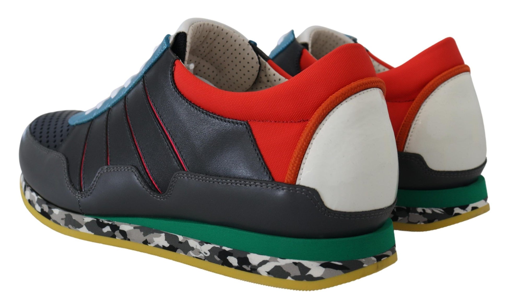 Pair of colorful sneakers with red and black accents