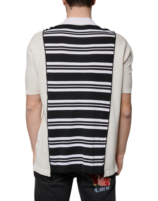 Black and white striped vest worn by a person from behind