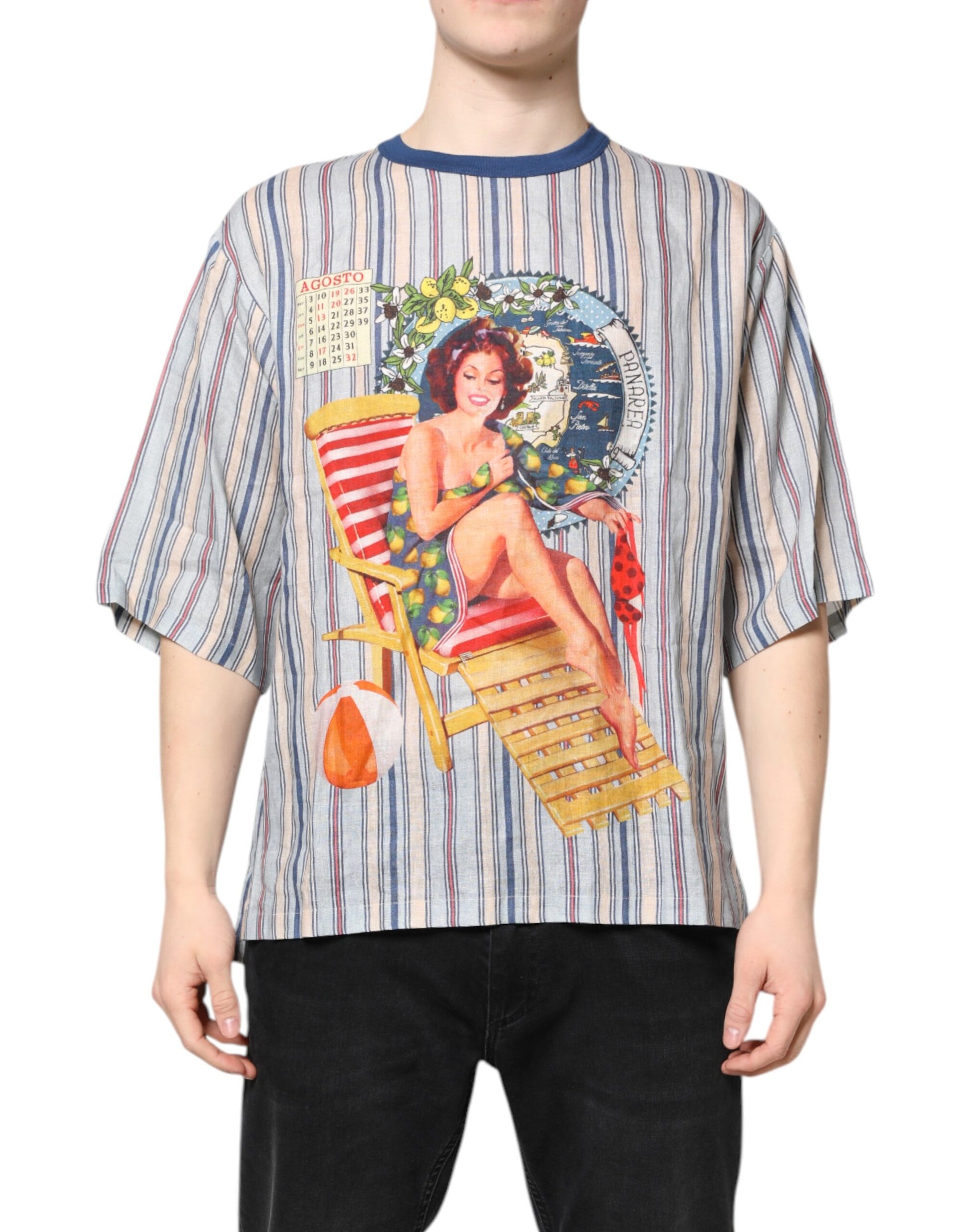 Mannequin wearing a short sleeve shirt with a retro print featuring a woman lounging on a chaise lounge