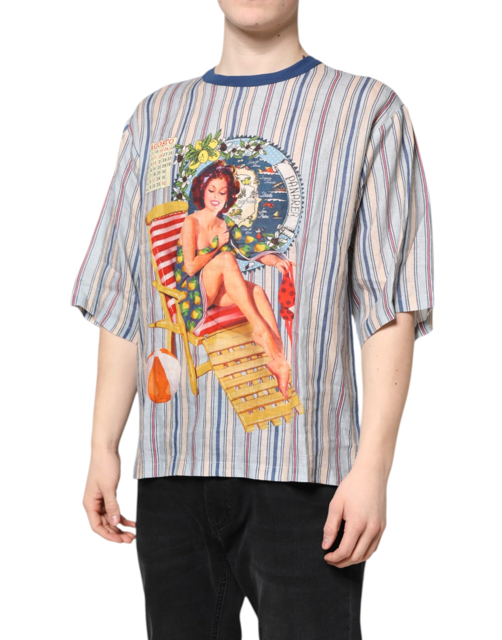 Mannequin wearing a short sleeve shirt with a graphic print of a woman on a chaise lounge