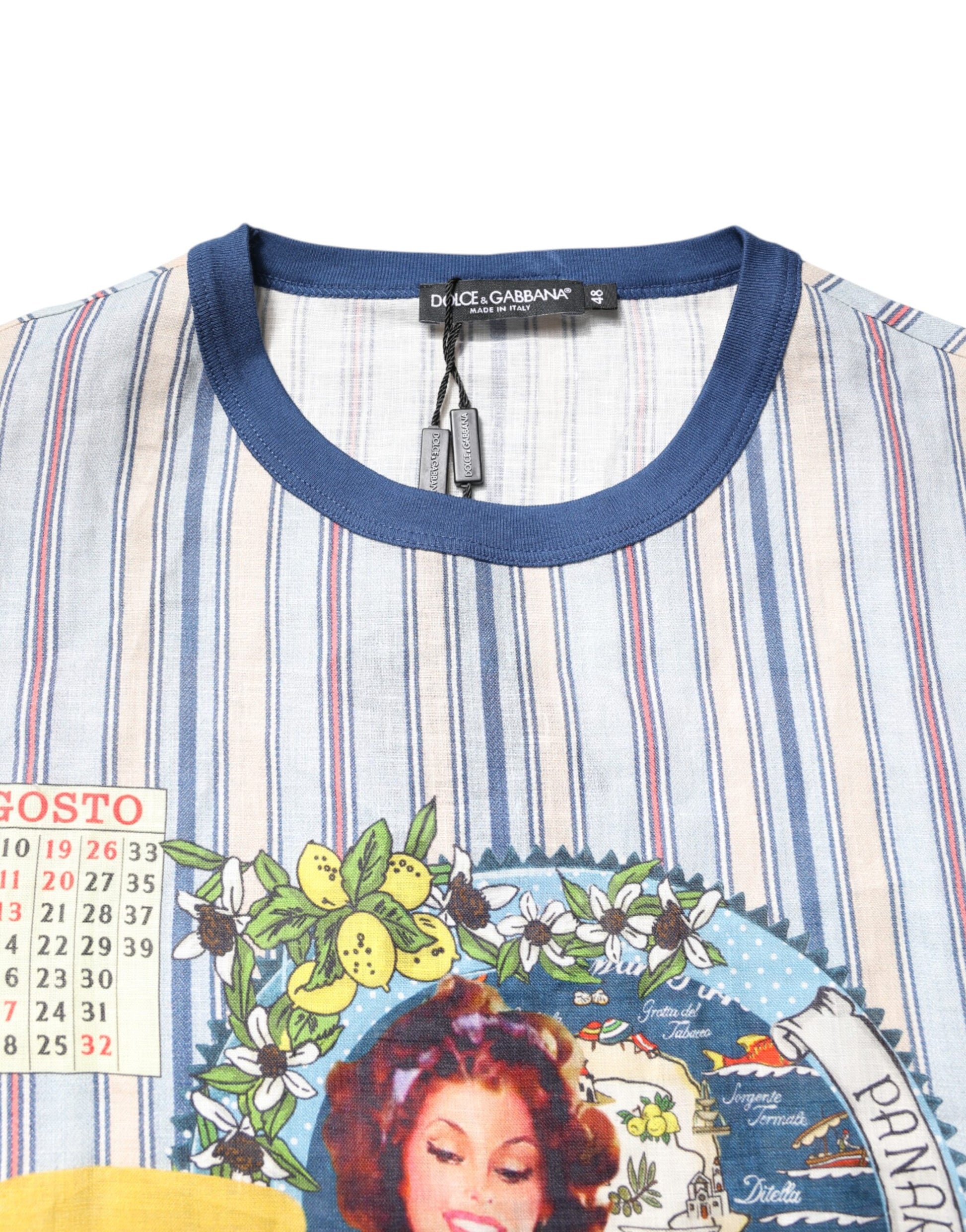Blue shirt with a vintage calendar design featuring a woman's face