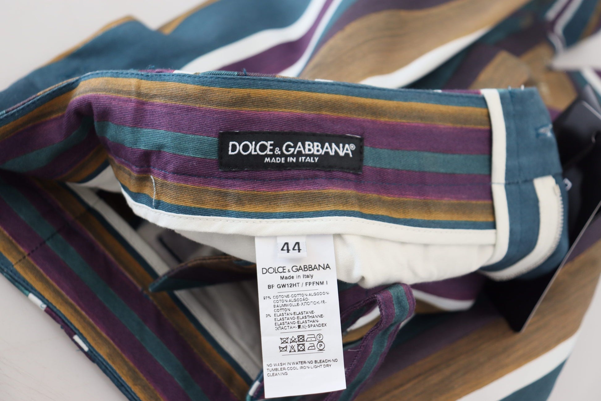Striped tote bag with a label on it