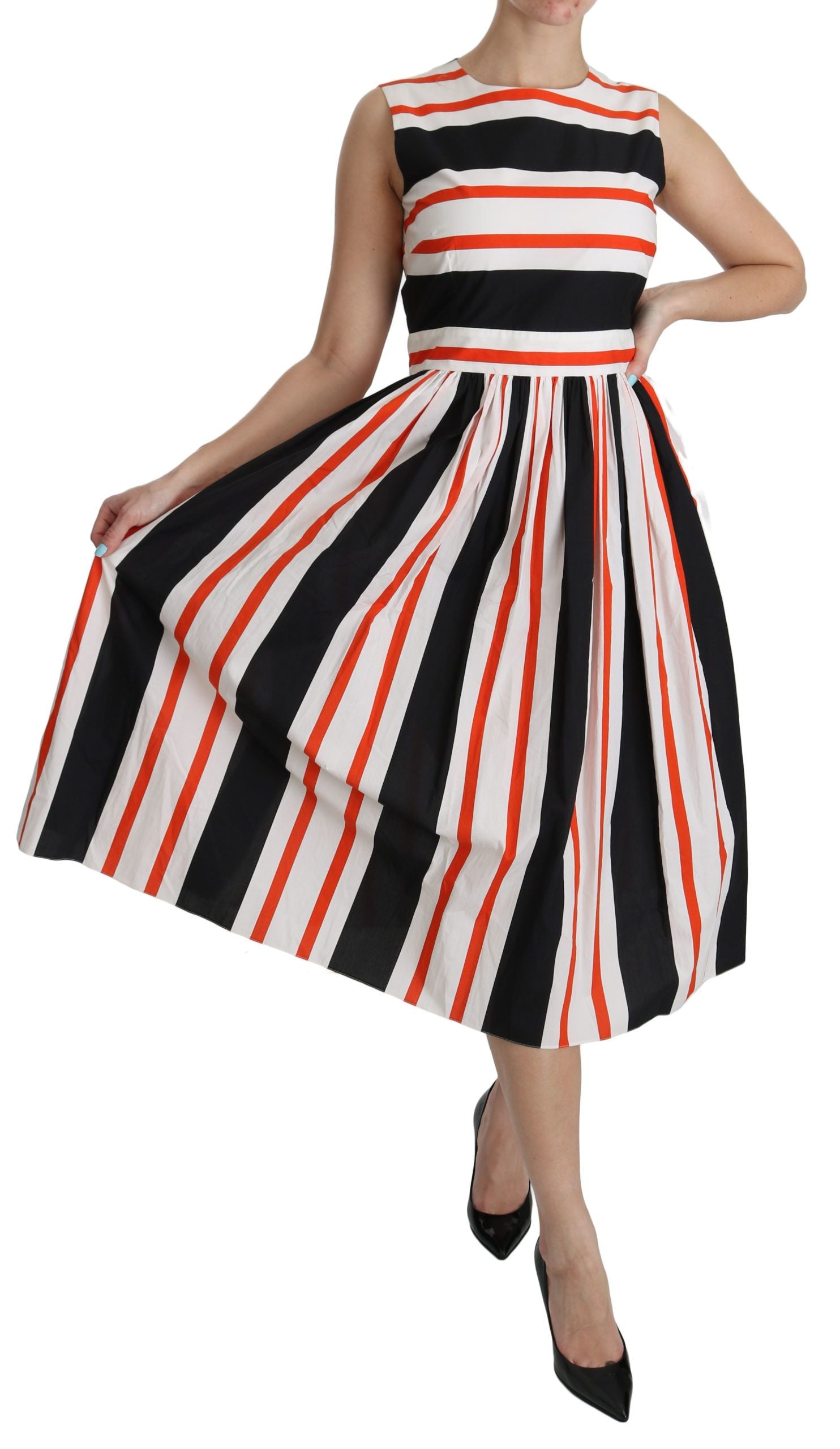 A-line midi dress with multicolored stripes, pleated skirt
