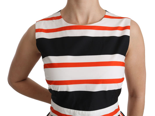 Black, white, red striped midi dress with pleats