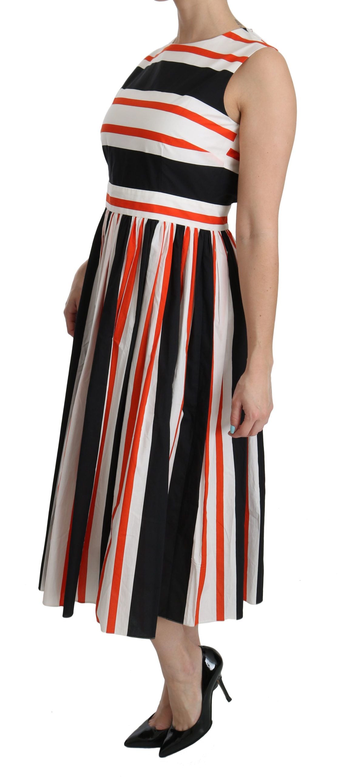 A-line midi dress with multicolored stripe pattern, pleated design