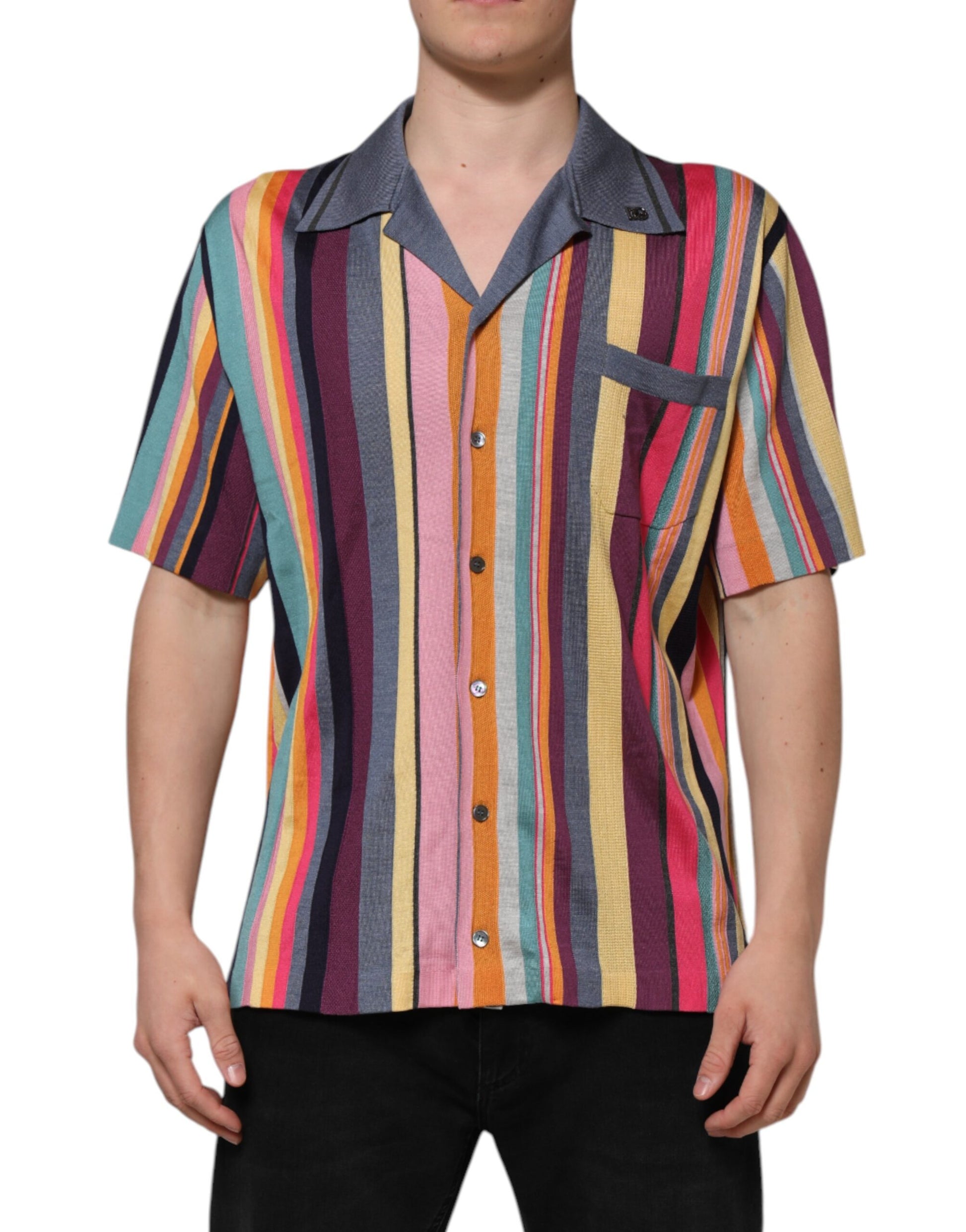 Man wearing colorful striped shirt