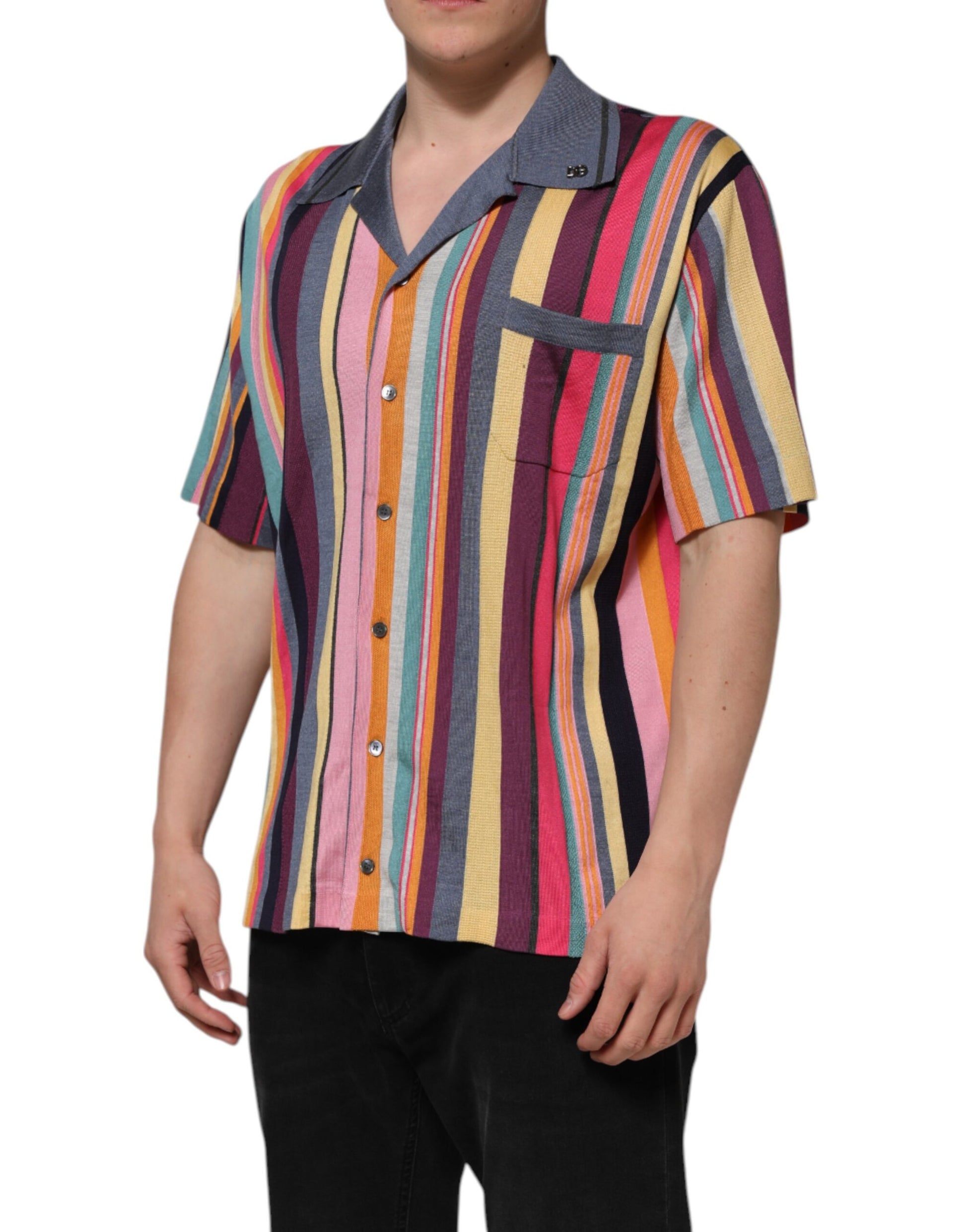 Man wearing colorful shirt with buttons