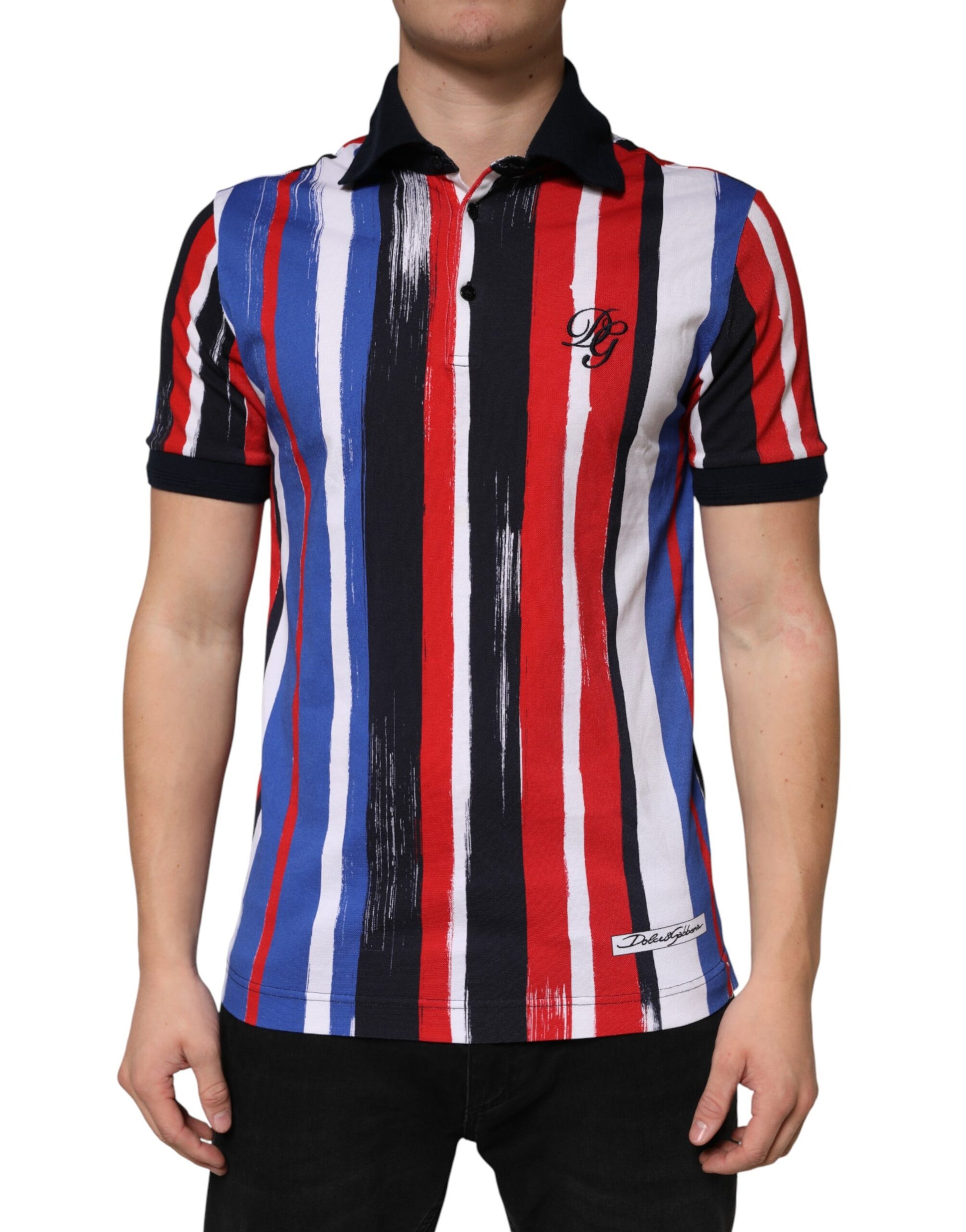 Red white and blue striped polo shirt
