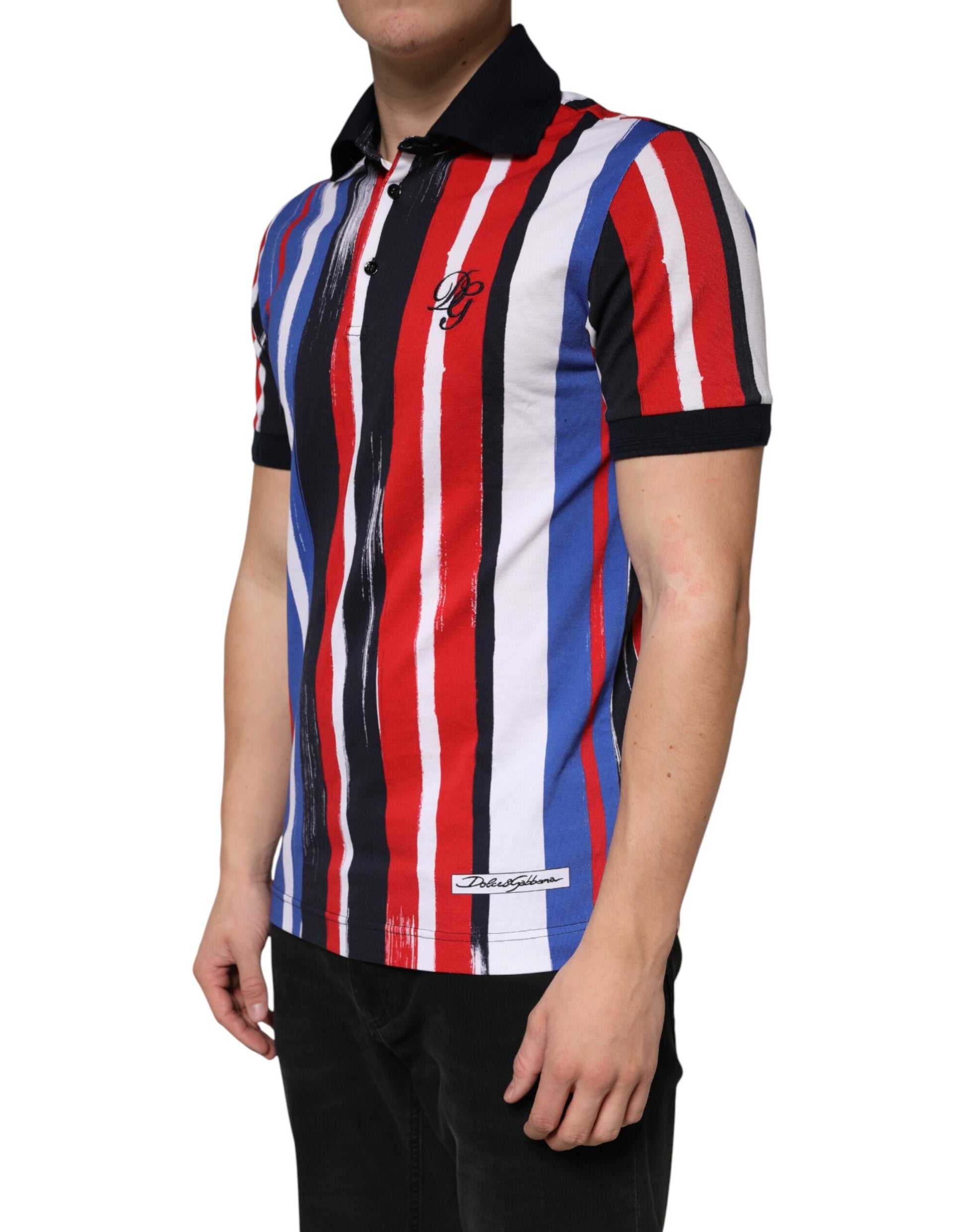Men's short sleeve shirt with horizontal stripes in red, white, and blue colors