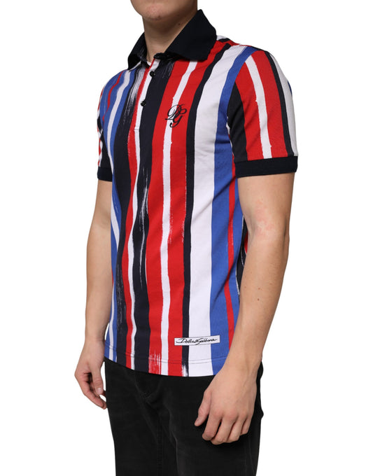 Men's short sleeve shirt with horizontal stripes in red, white, and blue colors