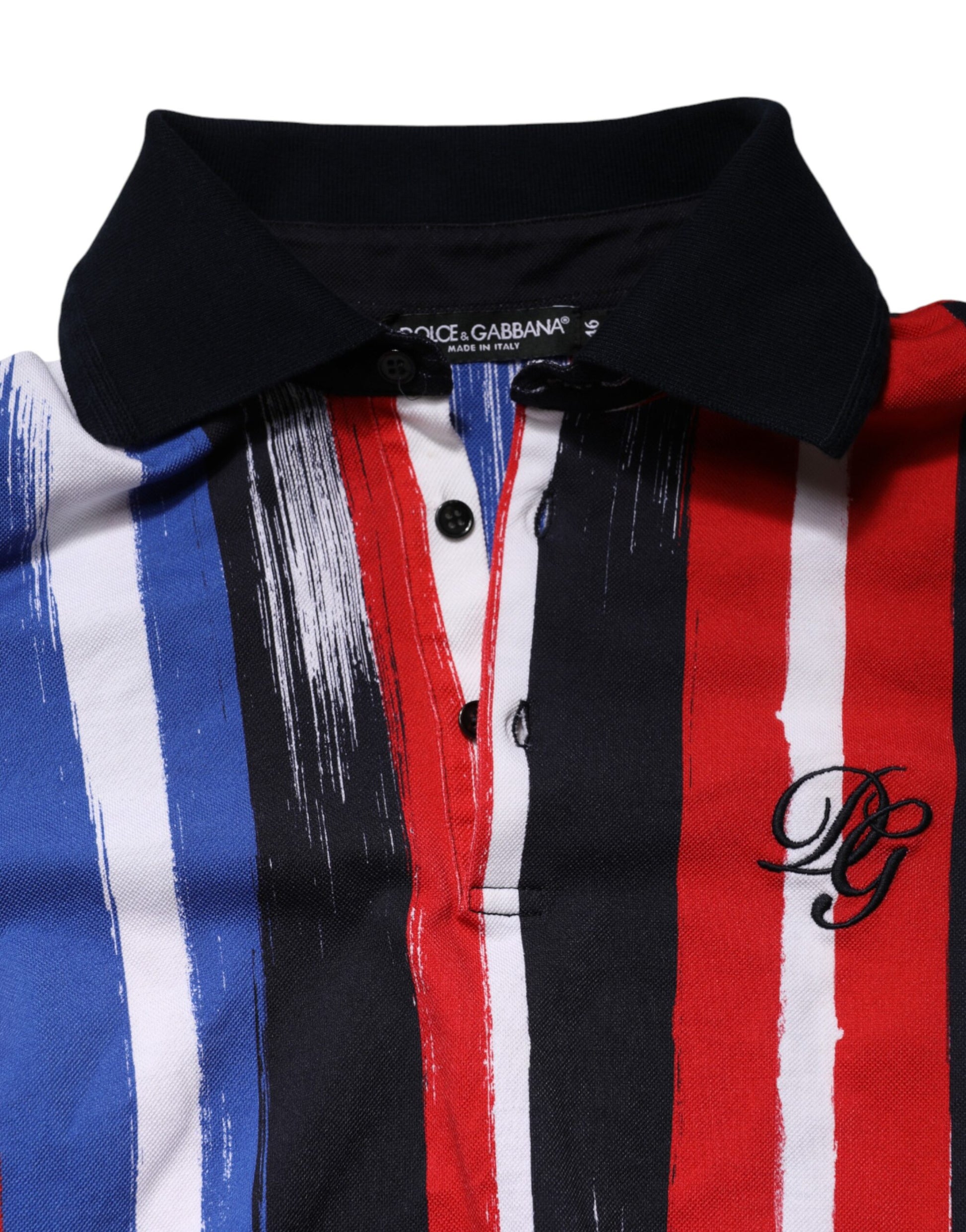 Polo shirt with stripes in red, white, blue and black colors