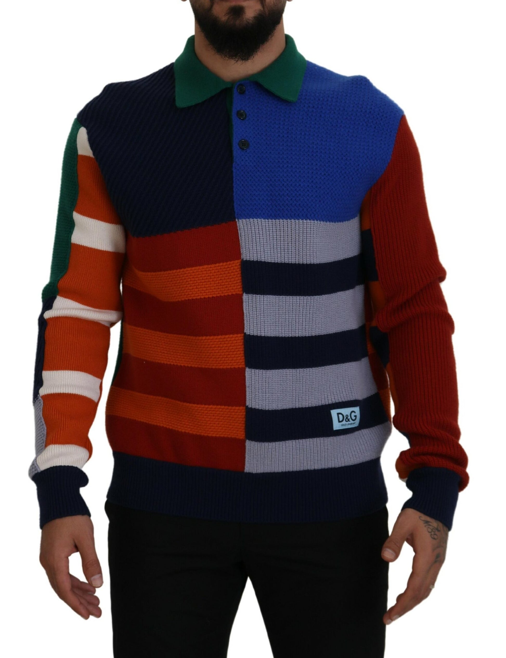 Man wearing colorful sweater with stripes and zigzag pattern