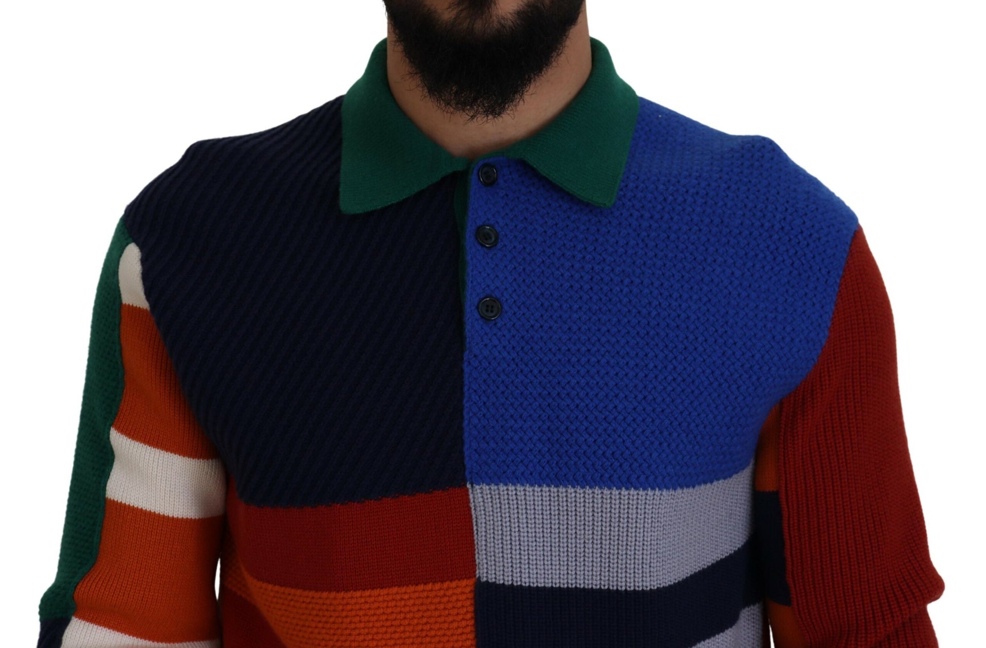 Man wearing colorful sweater with stripes and zigzag patterns