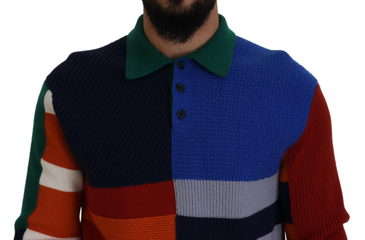 Man wearing colorful sweater with stripes and zigzag patterns