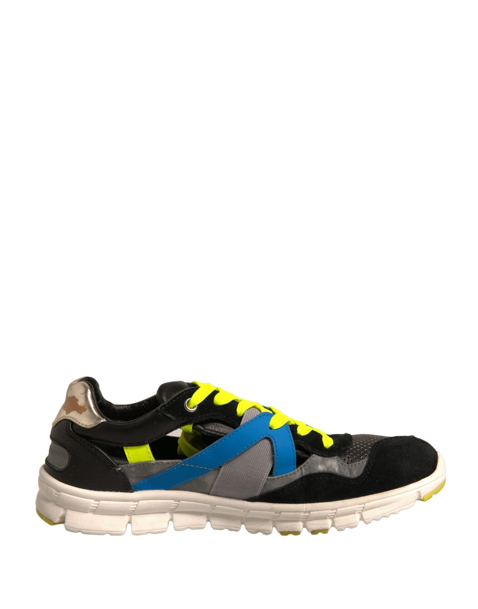 Black and yellow sneaker with blue accents