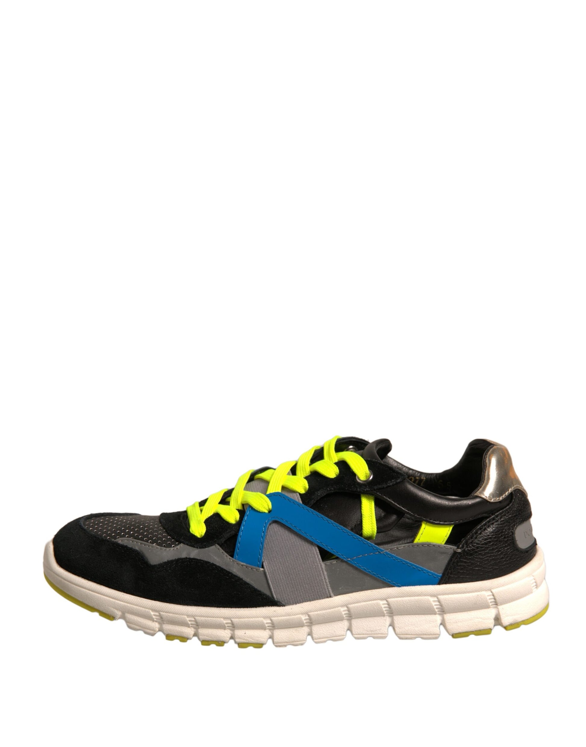 Black and yellow sneaker with blue stripe