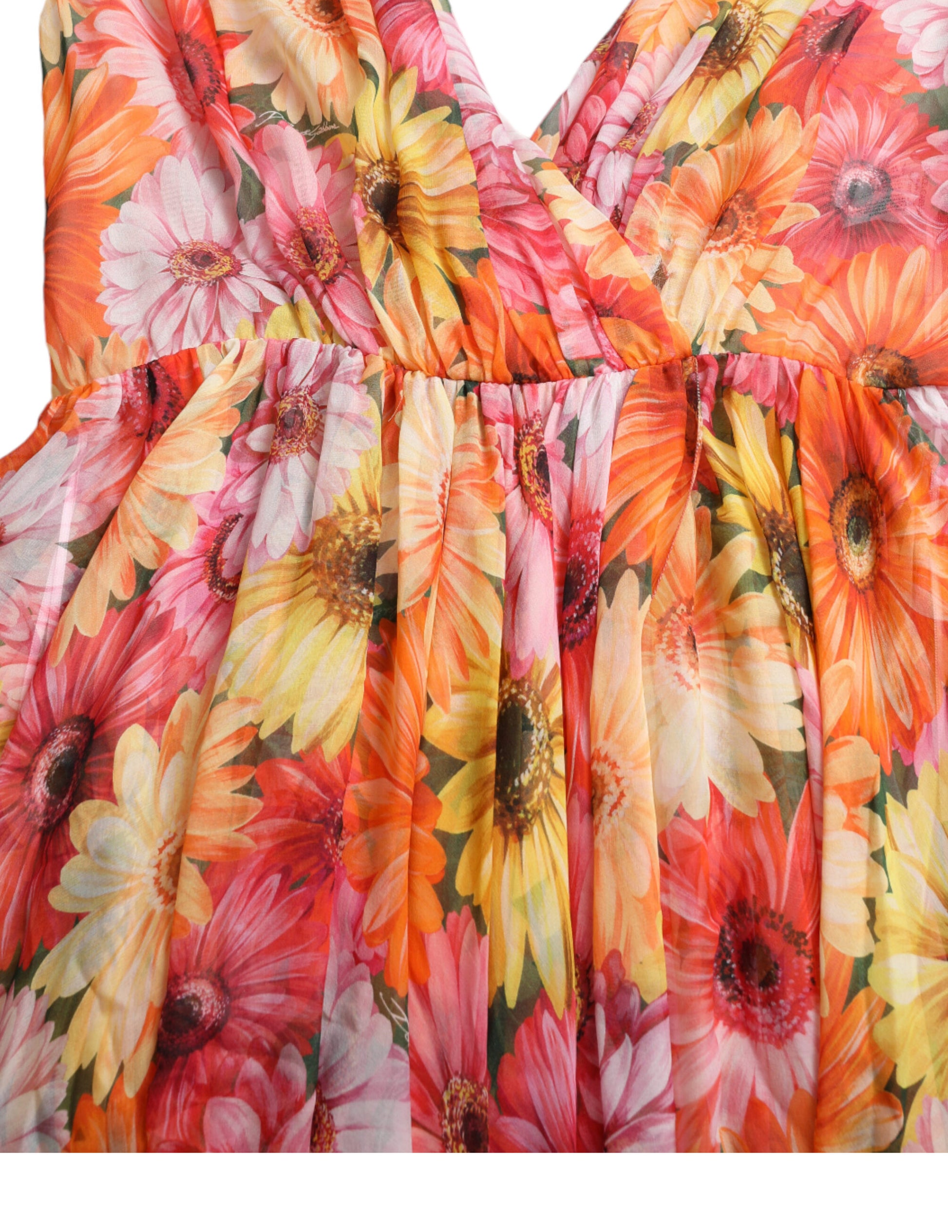 A colorful midi dress with a sunflower print