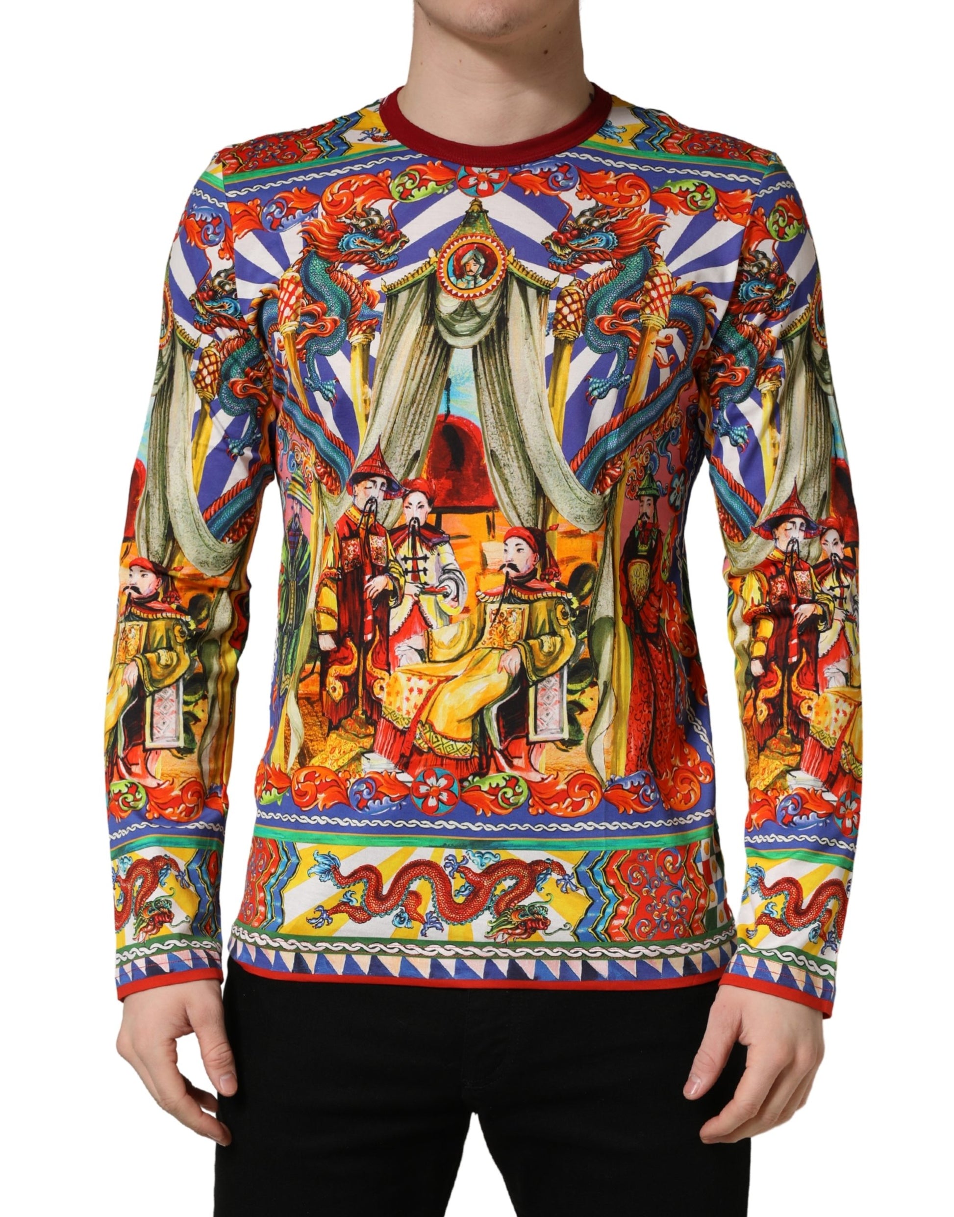 Colorful sweater with religious artwork