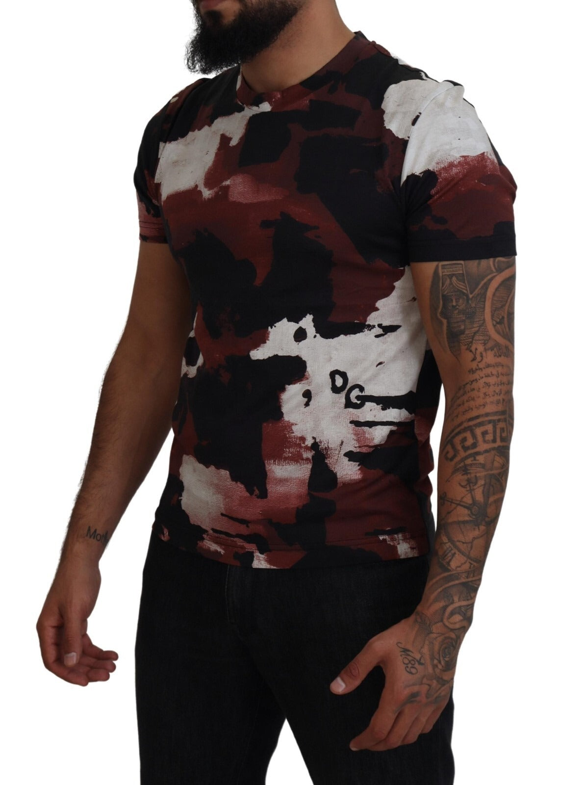 Man wearing camouflage t-shirt with red splatter design