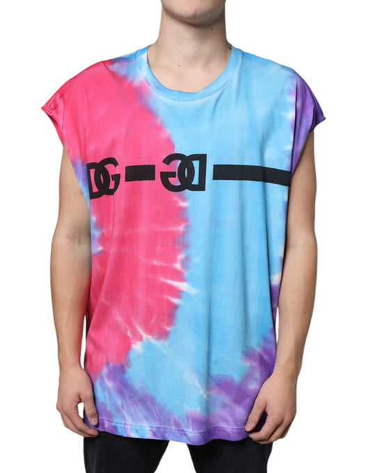 The shirt is tie dye with a pink and blue design