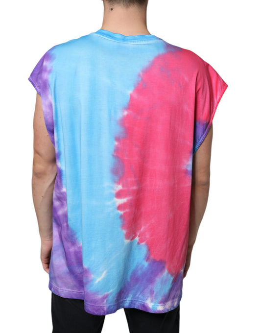 Back view of tie dye shirt with blue, pink, and purple colors