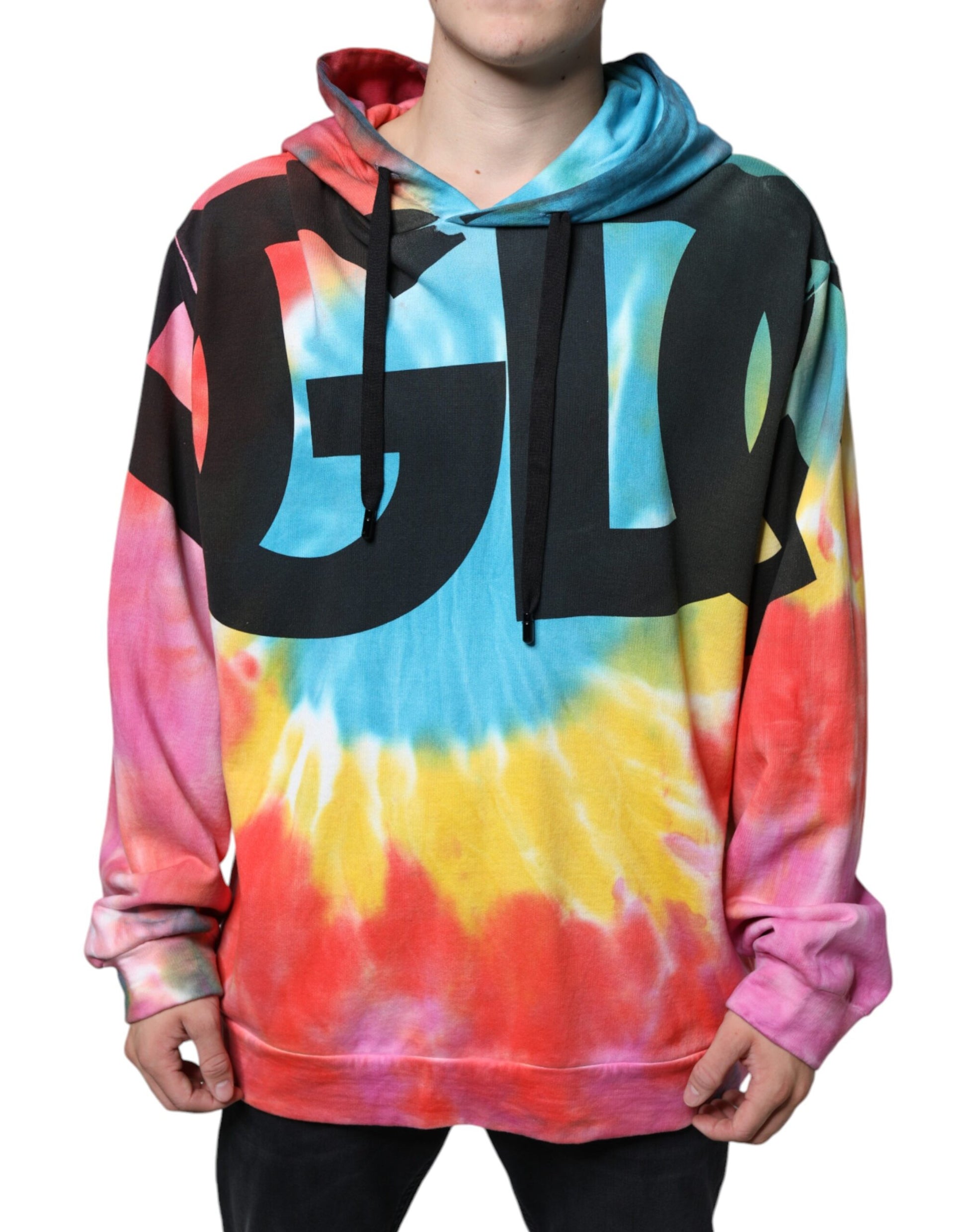 Colorful tie dye hoodie with white lettering
