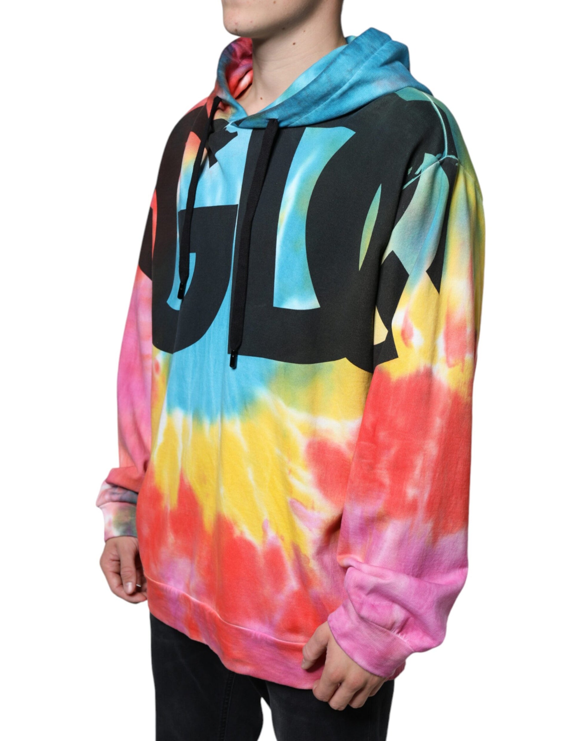 Colorful tie dye hoodie with white lettering