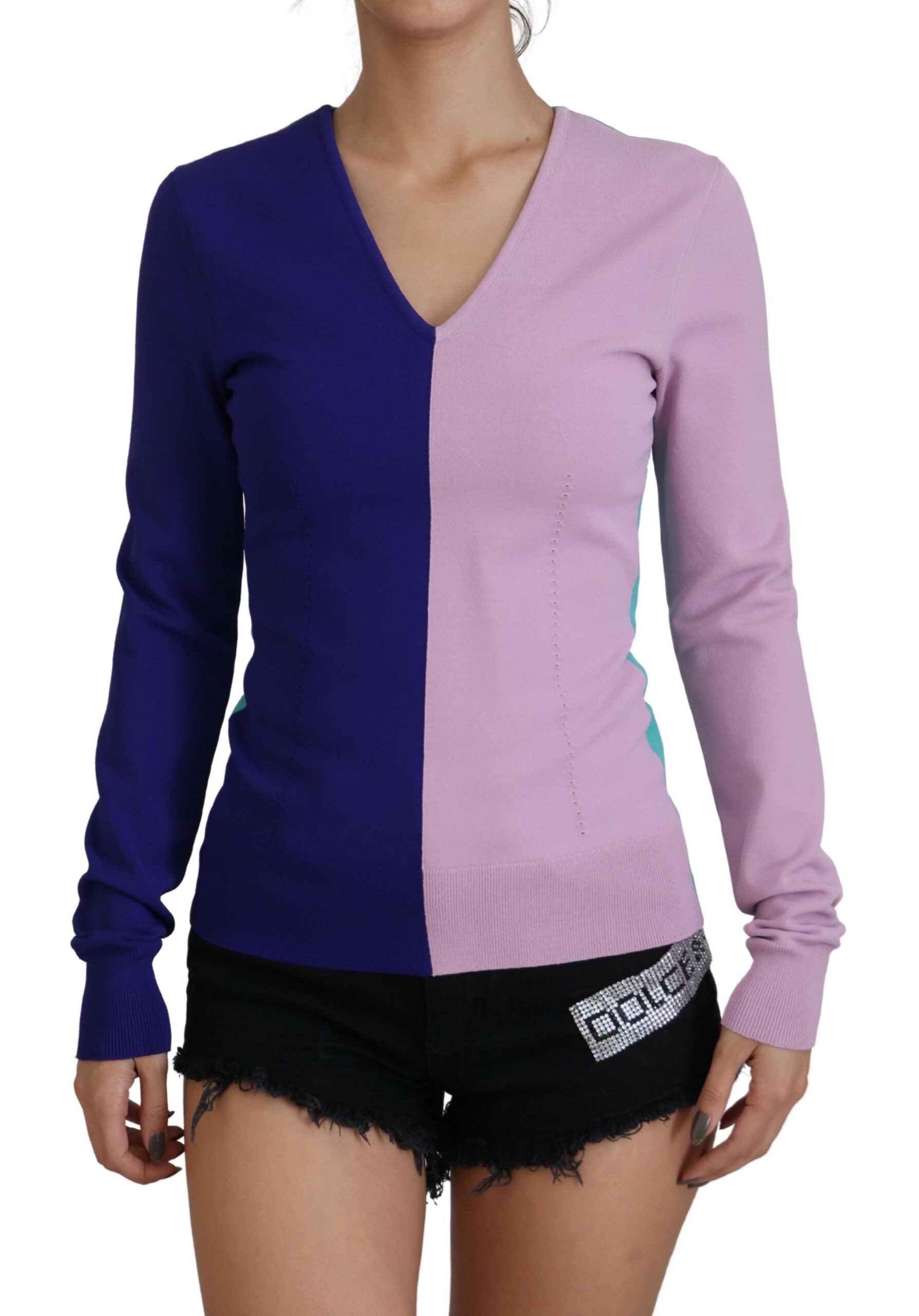 Purple and blue striped sweater on woman
