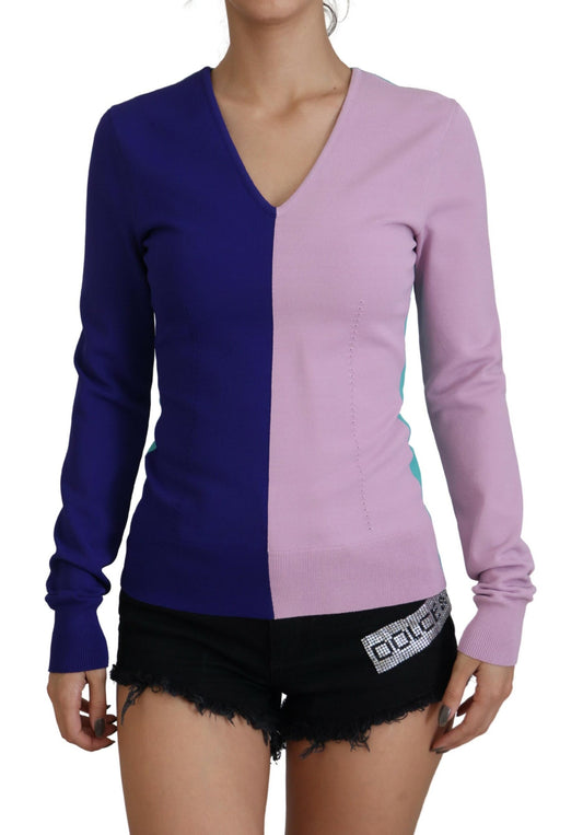 Purple and blue striped sweater on woman