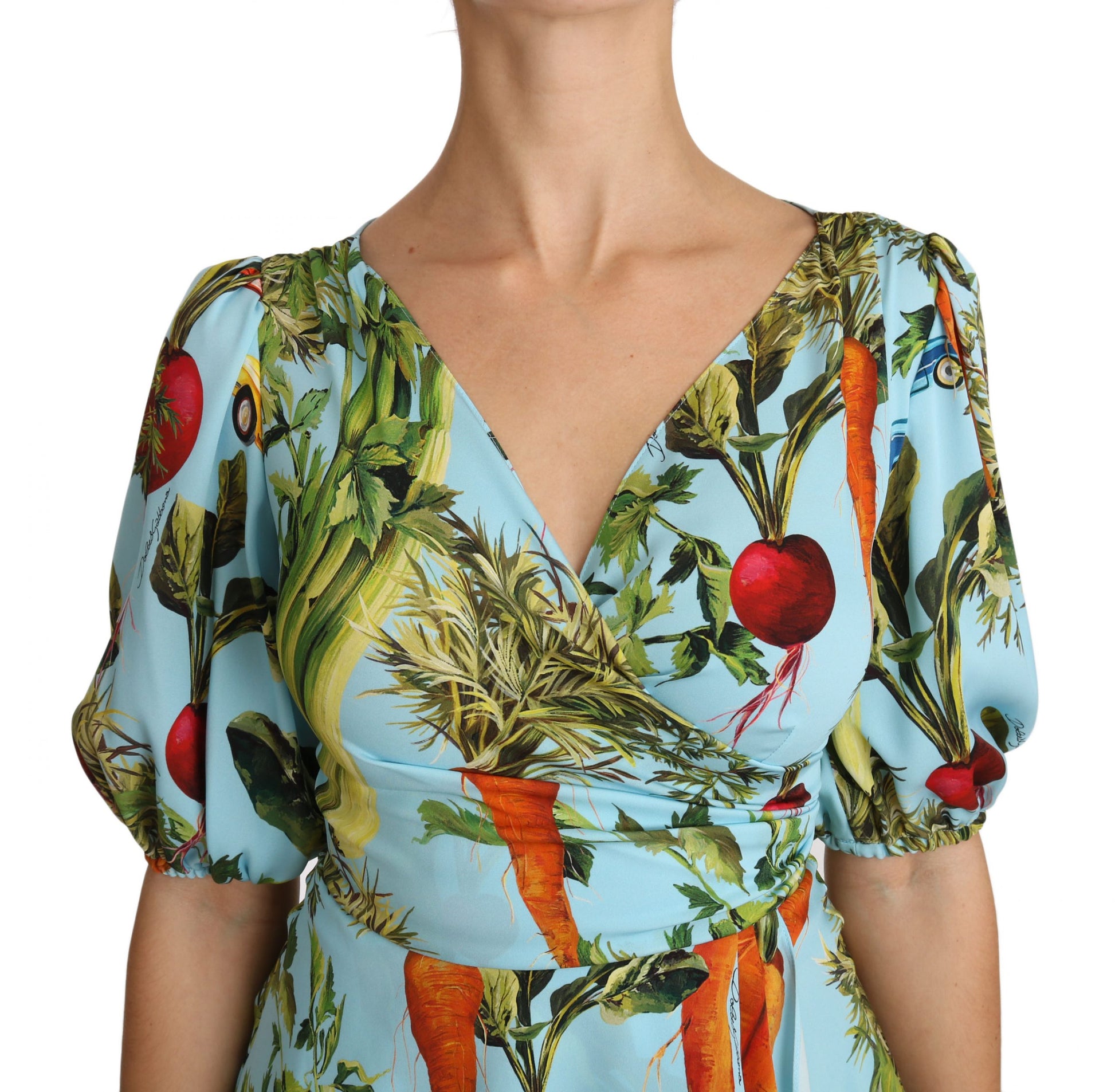 Blue dress with floral pattern featuring carrots