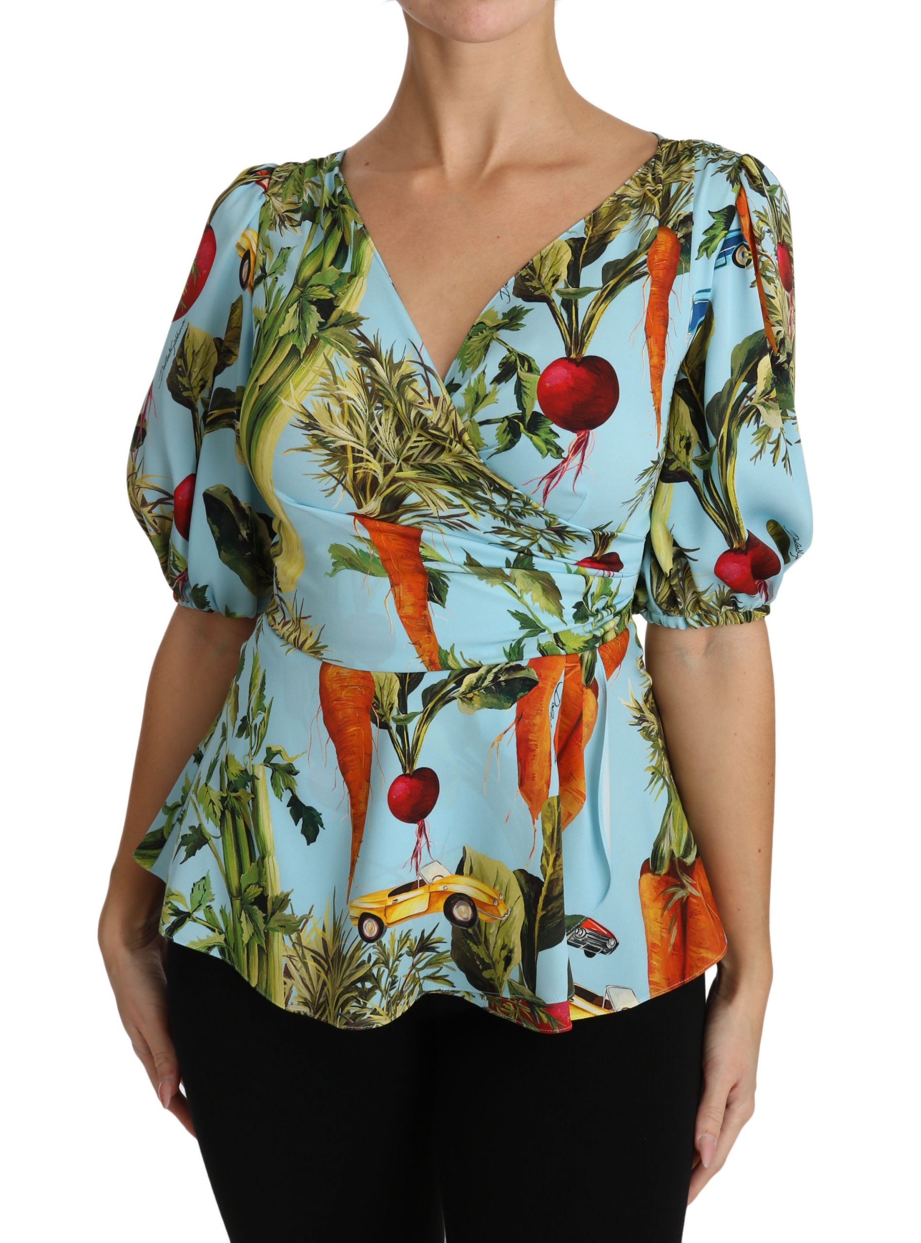 Blue blouse with floral pattern featuring vegetables