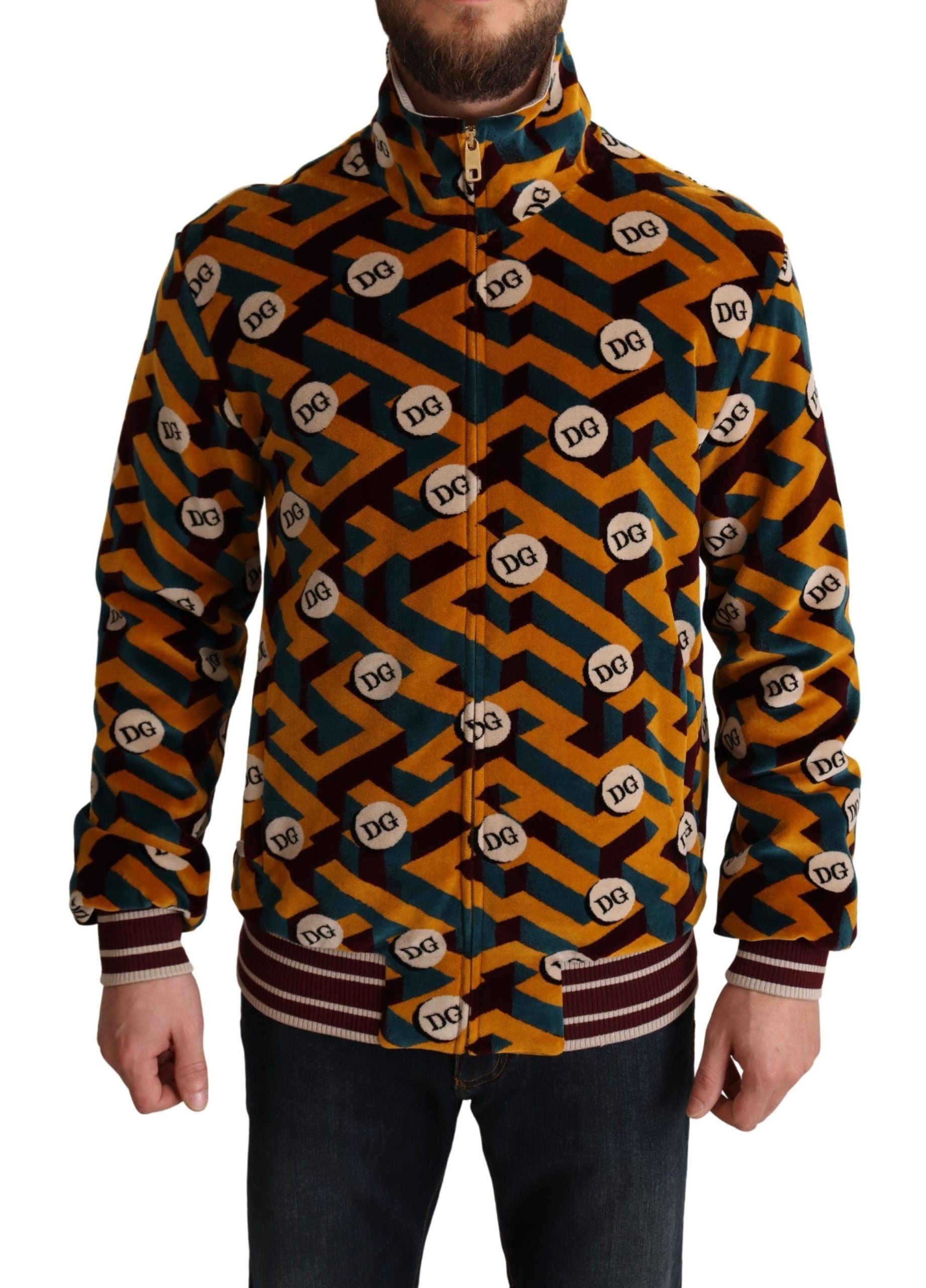 Man wearing a jacket with a pattern of dice on it