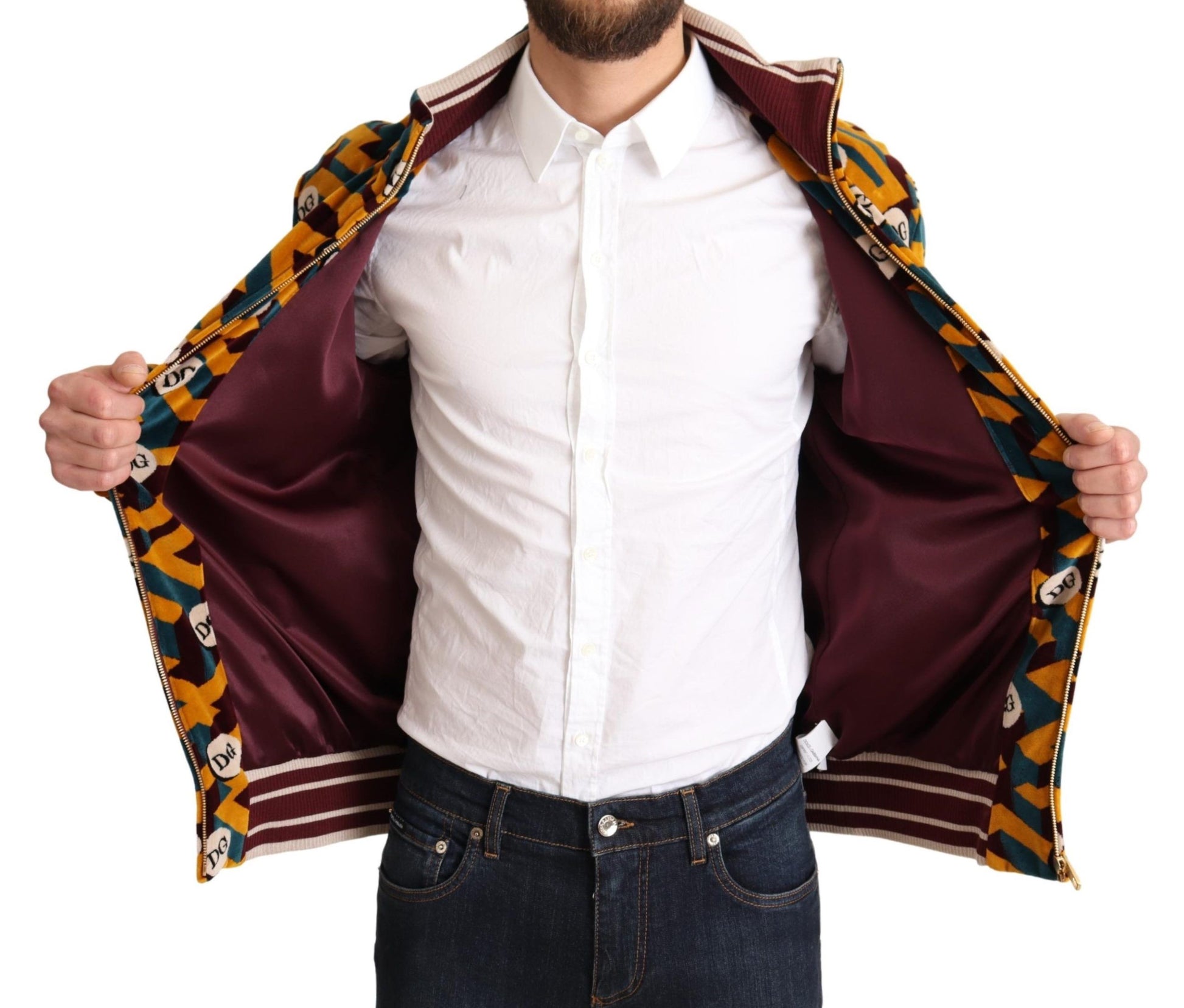 Man wearing a jacket with a vibrant pattern