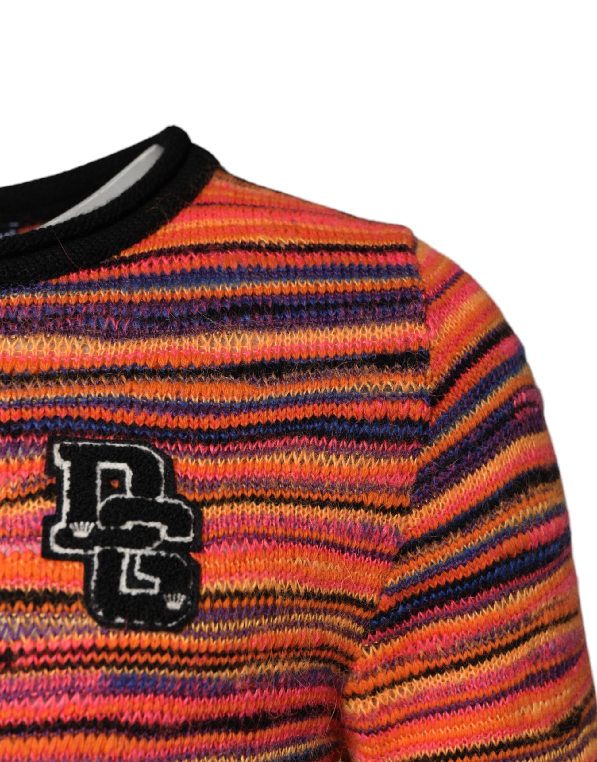 Knit sweater with colorful stripes and a logo on front