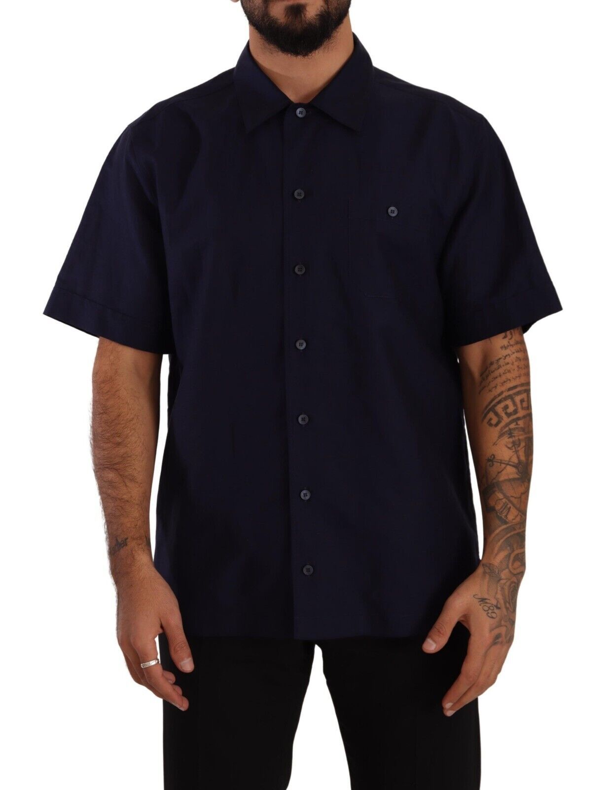 Man wearing dark blue button down shirt
