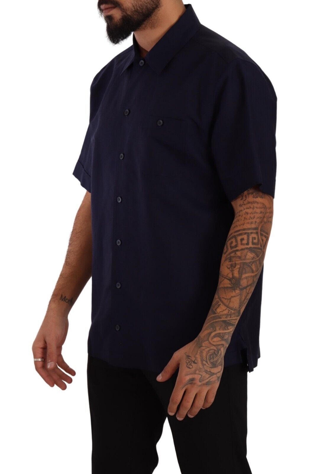 Man wearing dark blue button down shirt