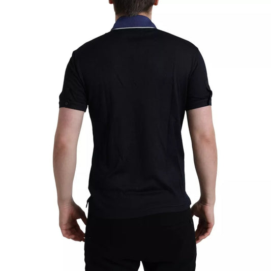 Black polo shirt on man's back