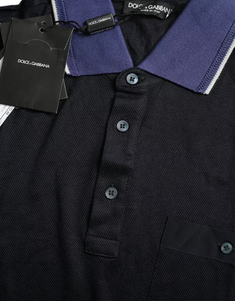Blue polo shirt with white stripes on collar and sleeves